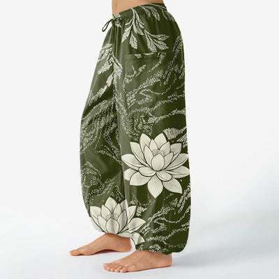 Buddha Stones Cotton Olive Lotus Botanical Pattern Women's Elastic Waist Harem Pants With Side Pockets - image 1