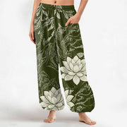 Foviel Baumwolle Olive Lotus Botanisches Muster Damen elastische Taille Harem Hose mit seitlichen Taschen