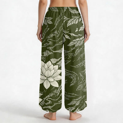 Buddha Stones Cotton Olive Lotus Botanical Pattern Women's Elastic Waist Harem Pants With Side Pockets - image 2