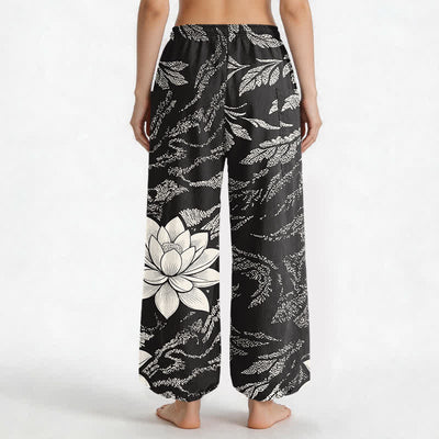 Buddha Stones Cotton Olive Lotus Botanical Pattern Women's Elastic Waist Harem Pants With Side Pockets - image 9