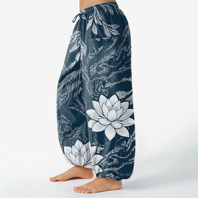 Buddha Stones Cotton Olive Lotus Botanical Pattern Women's Elastic Waist Harem Pants With Side Pockets - image 11