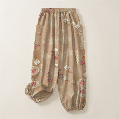 Buddha Stones Cotton Vintage Floral Geometric Pattern Women's Elastic Waist Harem Pants With Side Pockets - image 4