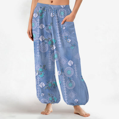 Buddha Stones Cotton Vintage Floral Geometric Pattern Women's Elastic Waist Harem Pants With Side Pockets - SteelBlue - US16，UK/AU20，EU48 (3XL) - image 10