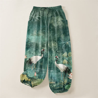 Buddha Stones Cotton Oriental Crane Lotus Pattern Women's Elastic Waist Harem Pants With Side Pockets - image 3