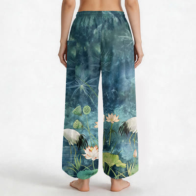 Buddha Stones Cotton Oriental Crane Lotus Pattern Women's Elastic Waist Harem Pants With Side Pockets - image 9