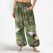 Foviel Baumwolle Orientalisch Kranich Lotus Muster Damen elastische Taille Harem Hose mit seitlichen Taschen