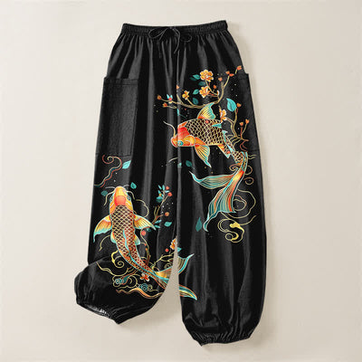 Buddha Stones Cotton Koi Floral Oriental Pattern Women's Elastic Waist Harem Pants With Side Pockets - image 3