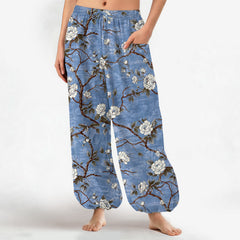Buddha Stones Cotton Botanical Blossom Pattern Women's Elastic Waist Harem Pants With Side Pockets - SteelBlue - US16，UK/AU20，EU48 (3XL) - image 0