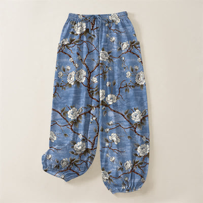 Buddha Stones Cotton Botanical Blossom Pattern Women's Elastic Waist Harem Pants With Side Pockets - image 3