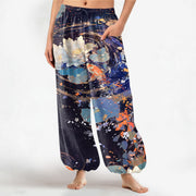 Foviel Baumwolle Lotus Koi Aquarell Muster Damen elastische Taille Harem Hose mit seitlichen Taschen