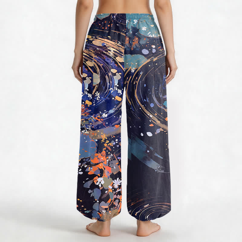 Buddha Stones Cotton Lotus Koi Watercolor Pattern Women's Elastic Waist Harem Pants With Side Pockets - image 2