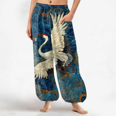 Buddha Stones Cotton Golden Crane Wave Pattern Women's Elastic Waist Harem Pants With Side Pockets - MediumBlue - US16，UK/AU20，EU48 (3XL) - image 0