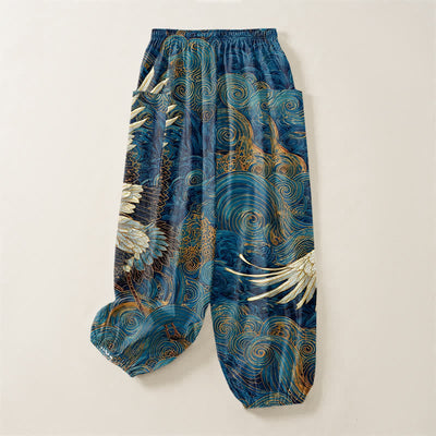 Buddha Stones Cotton Golden Crane Wave Pattern Women's Elastic Waist Harem Pants With Side Pockets - image 4
