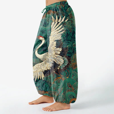 Buddha Stones Cotton Golden Crane Wave Pattern Women's Elastic Waist Harem Pants With Side Pockets - image 8