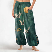 Foviel Baumwolle Orientalisch Kranich Mond Muster Damen elastische Taille Harem Hosen mit seitlichen Taschen