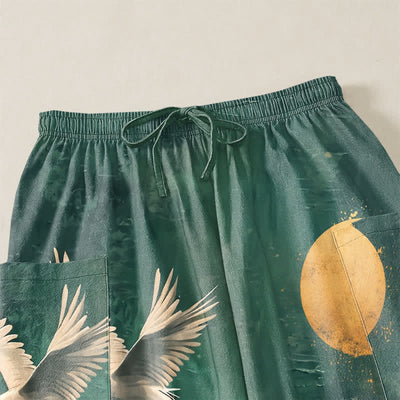 Buddha Stones Cotton Oriental Crane Moon Pattern Women's Elastic Waist Harem Pants With Side Pockets - image 5