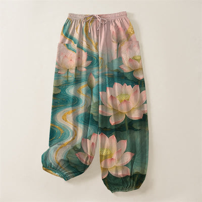 Buddha Stones Cotton Lotus Pond Ink Wash Pattern Women's Elastic Waist Harem Pants With Side Pockets - image 3