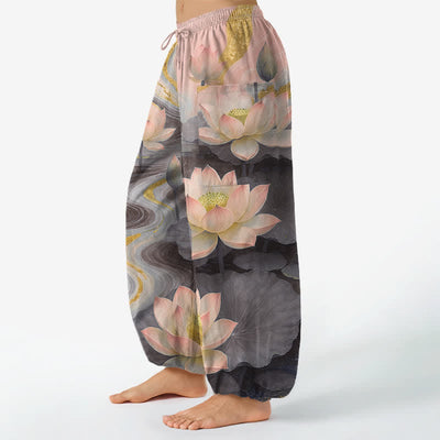 Buddha Stones Cotton Lotus Pond Ink Wash Pattern Women's Elastic Waist Harem Pants With Side Pockets - image 8