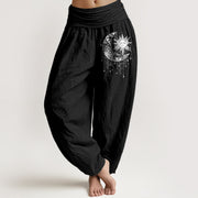 Foviel Pure Cotton Celestial Sun and Moon Pattern Women's Elastic Waist Harem Pants