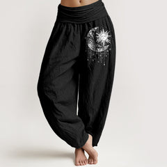 Buddha Stones Pure Cotton Celestial Sun and Moon Pattern Women's Elastic Waist Harem Pants - Black - US16，UK/AU20，EU48 (3XL) - image 0