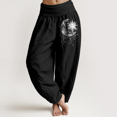 Buddha Stones Pure Cotton Celestial Sun and Moon Pattern Women's Elastic Waist Harem Pants - Black - US16，UK/AU20，EU48 (3XL) - image 0