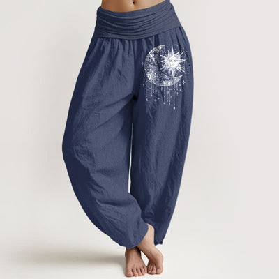 Buddha Stones Pure Cotton Celestial Sun and Moon Pattern Women's Elastic Waist Harem Pants - DarkSlateBlue - US16，UK/AU20，EU48 (3XL) - image 5