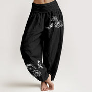 Foviel Reine Baumwolle Koi Lotus Muster Damen elastische Taille Harem Hose