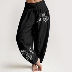 Buddha Stones Pure Cotton Koi Lotus Pattern Women's Elastic Waist Harem Pants - Black - US16，UK/AU20，EU48 (3XL) - image 0