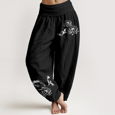 Buddha Stones Pure Cotton Koi Lotus Pattern Women's Elastic Waist Harem Pants - Black - US16，UK/AU20，EU48 (3XL) - image 0