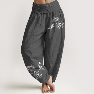 Buddha Stones Pure Cotton Koi Lotus Pattern Women's Elastic Waist Harem Pants - DimGray - US16，UK/AU20，EU48 (3XL) - image 5
