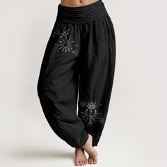 Buddha Stones Pure Cotton Butterfly Sun Lotus Moon Pattern Women's Elastic Waist Harem Pants - Black - US16，UK/AU20，EU48 (3XL) - image 0