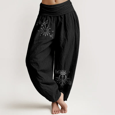Buddha Stones Pure Cotton Butterfly Sun Lotus Moon Pattern Women's Elastic Waist Harem Pants - Black - US16，UK/AU20，EU48 (3XL) - image 0