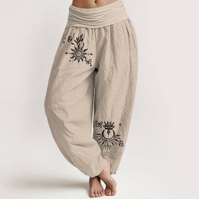 Buddha Stones Pure Cotton Butterfly Sun Lotus Moon Pattern Women's Elastic Waist Harem Pants - Tan - US16，UK/AU20，EU48 (3XL) - image 8