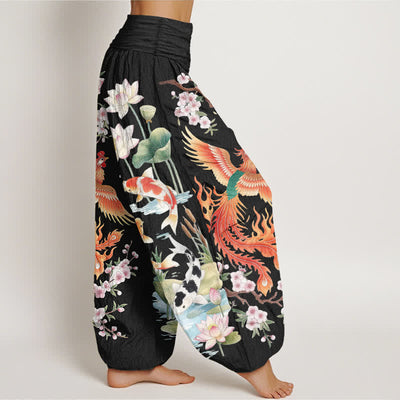Buddha Stones Cotton Phoenix Koi Lotus Pattern Women's Elastic Waist Harem Pants - image 1