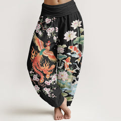 Buddha Stones Cotton Phoenix Koi Lotus Pattern Women's Elastic Waist Harem Pants - Black - US16，UK/AU20，EU48 (3XL) - image 0