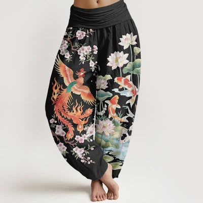 Buddha Stones Cotton Phoenix Koi Lotus Pattern Women's Elastic Waist Harem Pants - Black - US16，UK/AU20，EU48 (3XL) - image 0