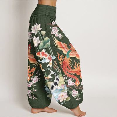 Buddha Stones Cotton Phoenix Koi Lotus Pattern Women's Elastic Waist Harem Pants - image 6