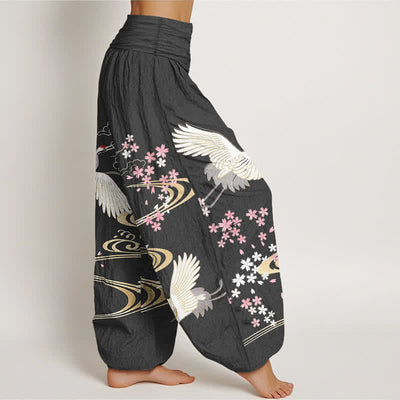 Buddha Stones Cotton Crane Sakura Pattern Women's Elastic Waist Harem Pants - image 1