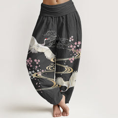 Buddha Stones Cotton Crane Sakura Pattern Women's Elastic Waist Harem Pants - DimGray - US16，UK/AU20，EU48 (3XL) - image 0