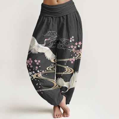 Buddha Stones Cotton Crane Sakura Pattern Women's Elastic Waist Harem Pants - DimGray - US16，UK/AU20，EU48 (3XL) - image 0