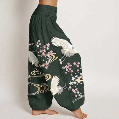 Buddha Stones Cotton Crane Sakura Pattern Women's Elastic Waist Harem Pants - image 6