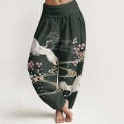 Foviel Cotton Crane Sakura Pattern Women's Elastic Waist Harem Pants