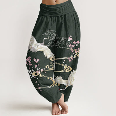 Buddha Stones Cotton Crane Sakura Pattern Women's Elastic Waist Harem Pants - DarkGreen - US16，UK/AU20，EU48 (3XL) - image 5