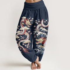 Buddha Stones Cotton Dragon Wave Blossom Pattern Women's Elastic Waist Harem Pants - Navy - US16，UK/AU20，EU48 (3XL) - image 0