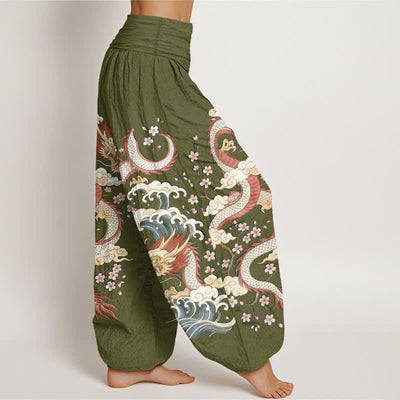 Buddha Stones Cotton Dragon Wave Blossom Pattern Women's Elastic Waist Harem Pants - image 6