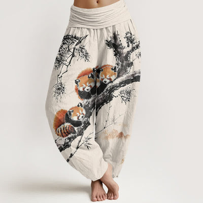 Buddha Stones Cotton Ink Bamboo Red Panda Pattern Women's Elastic Waist Harem Pants - Linen - US16，UK/AU20，EU48 (3XL) - image 0