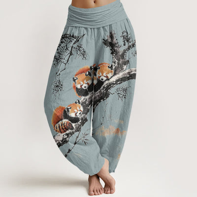 Buddha Stones Cotton Ink Bamboo Red Panda Pattern Women's Elastic Waist Harem Pants - PowderBlue - US16，UK/AU20，EU48 (3XL) - image 8