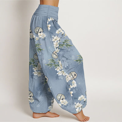 Buddha Stones Cotton Fans White Blossom Leaf Pattern Women's Elastic Waist Harem Pants - image 1