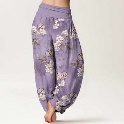 Buddha Stones Cotton Fans White Blossom Leaf Pattern Women's Elastic Waist Harem Pants - image 7