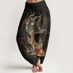 Buddha Stones Cotton Koi Fish Guanyin Pattern Women's Elastic Waist Harem Pants - Black - US16，UK/AU20，EU48 (3XL) - image 0